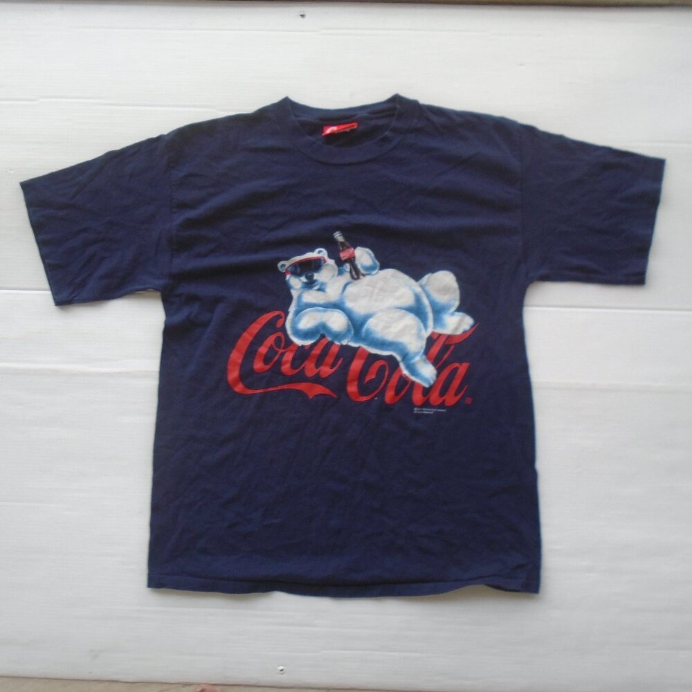 Coke Brand 1995 Coco Cola Polar Bear Mens Tee Shirt Size XL USA Made Navy Blue